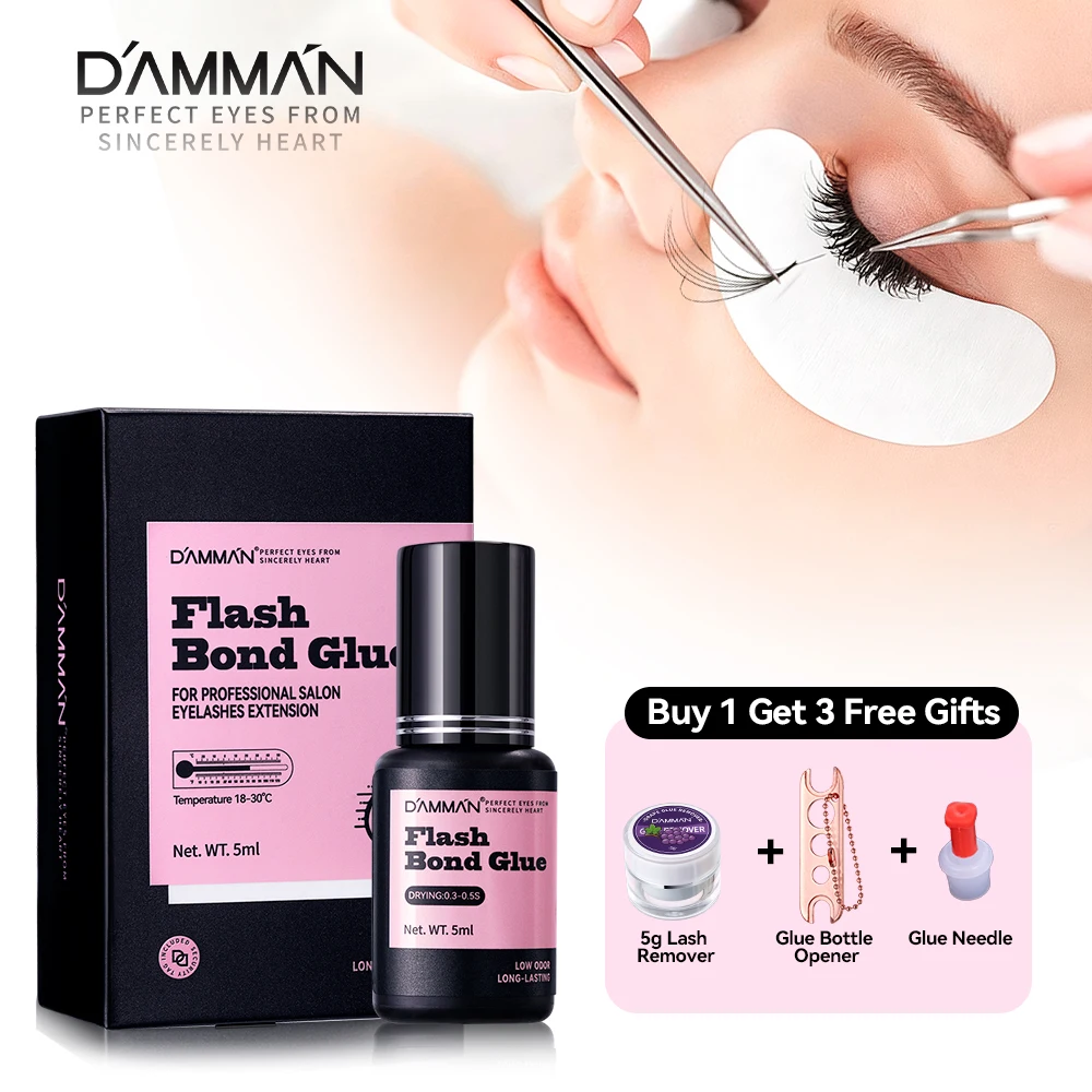 Pegamento para Extensión de Pestañas Damman de 5 ml, Secado Rápido de 0.3-0.5S, Pegamento Profesional para Extensión de Pestañas, Adhesivo para Uso en Salón