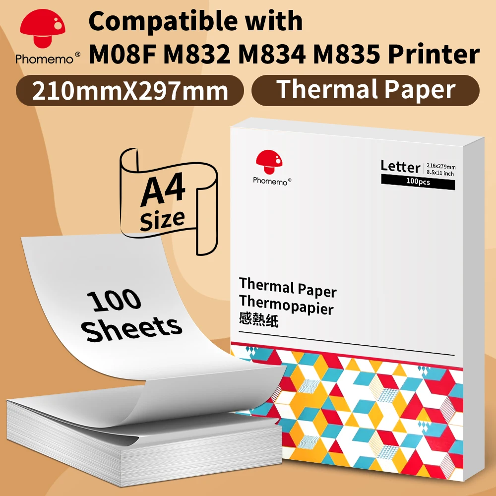 Papel de impresora térmica Phomemo A4, papel de carta continuo de secado rápido, adecuado para impresora portátil M832/M833/M834/M835, 2 rollos