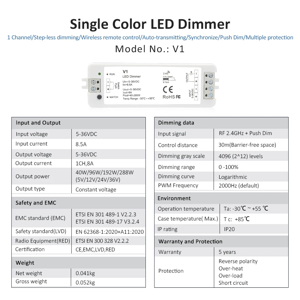 Atenuador LED V1, 12V, 24V, 36V, RT6, Kit de atenuación de tira LED de un solo Color de 4 zonas, Wifi inalámbrico, 2,4G, mando a distancia RF, regulador de interruptor de empuje