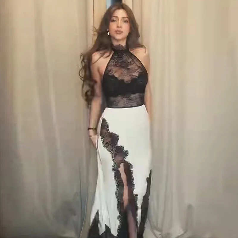 Vestido largo de encaje con espalda descubierta y tirantes, sexy, semitransparente, con abertura lateral alta, sin mangas, vestidos midi, elegantes vestidos de noche para damas, vestidos de fiesta.