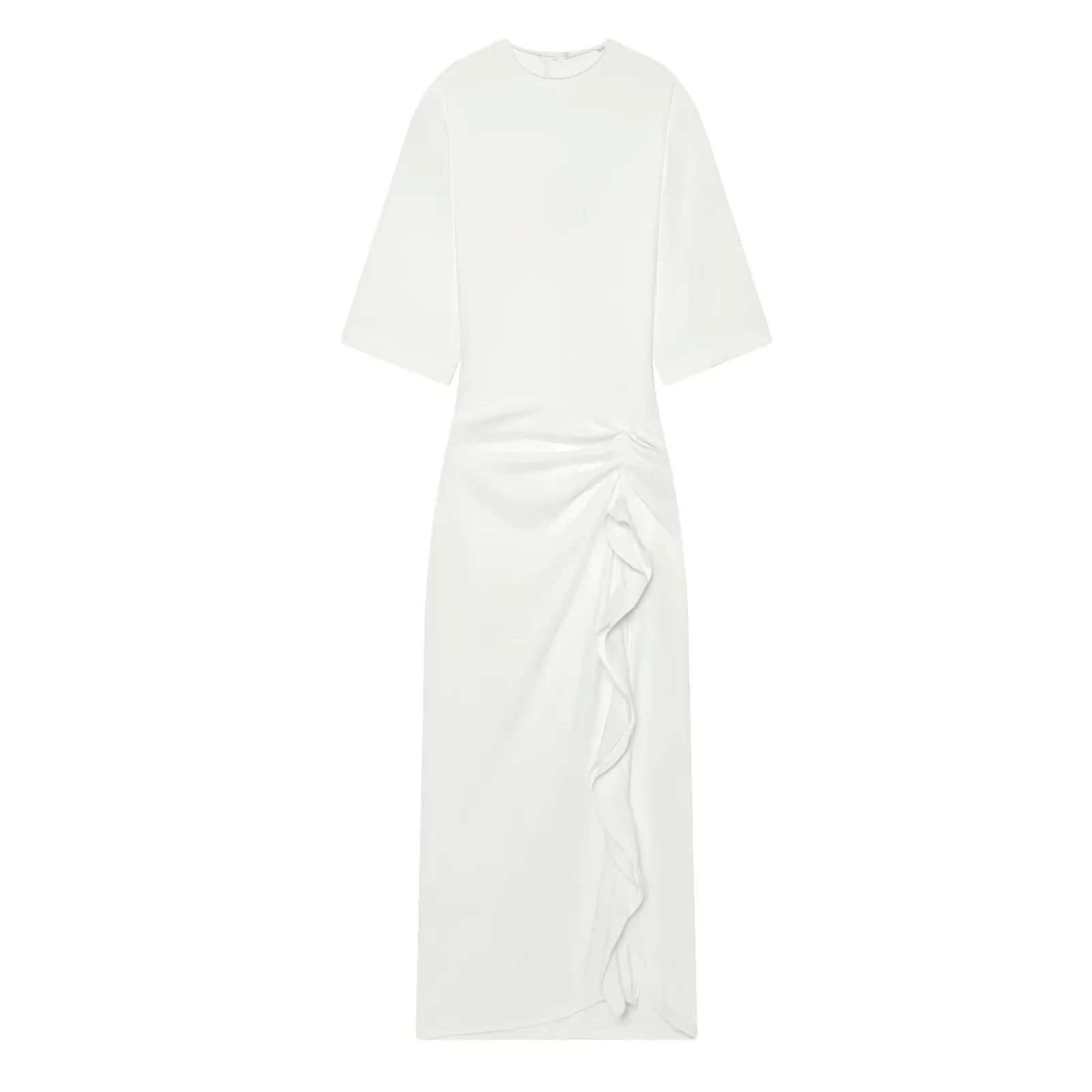 Vestido Midi BSAY 2026 para Mujer, Color Sólido, Cuello Redondo, Manga Media, Corte Ajustado, Volantes Laterales, Abertura Lateral, Elegante, Formal, para el Trabajo