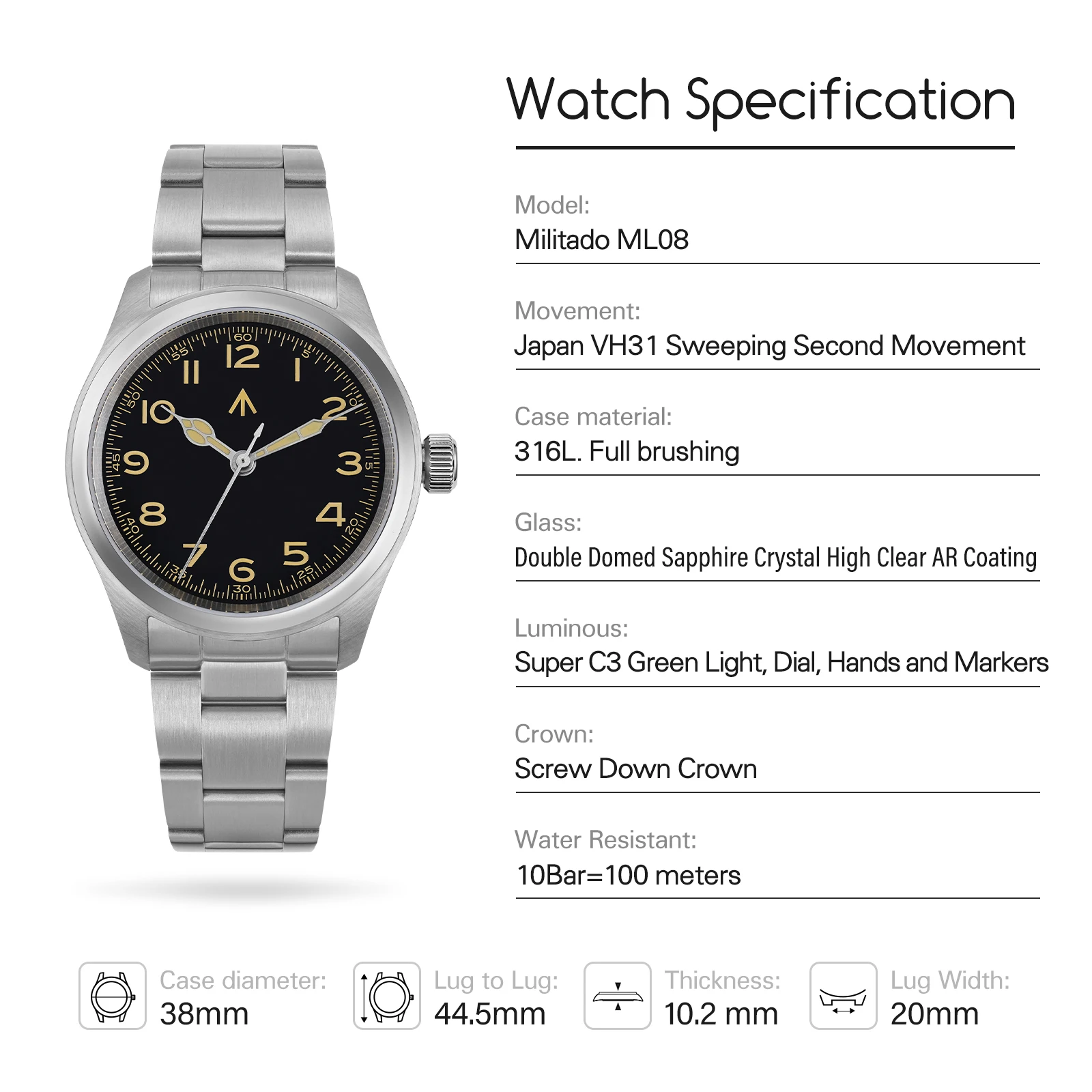 Reloj militar Militado ML08 VH31 movimiento de cuarzo doble cristal de zafiro C3 BGW9 luminoso 10Bar impermeable 38mm reloj Vintage