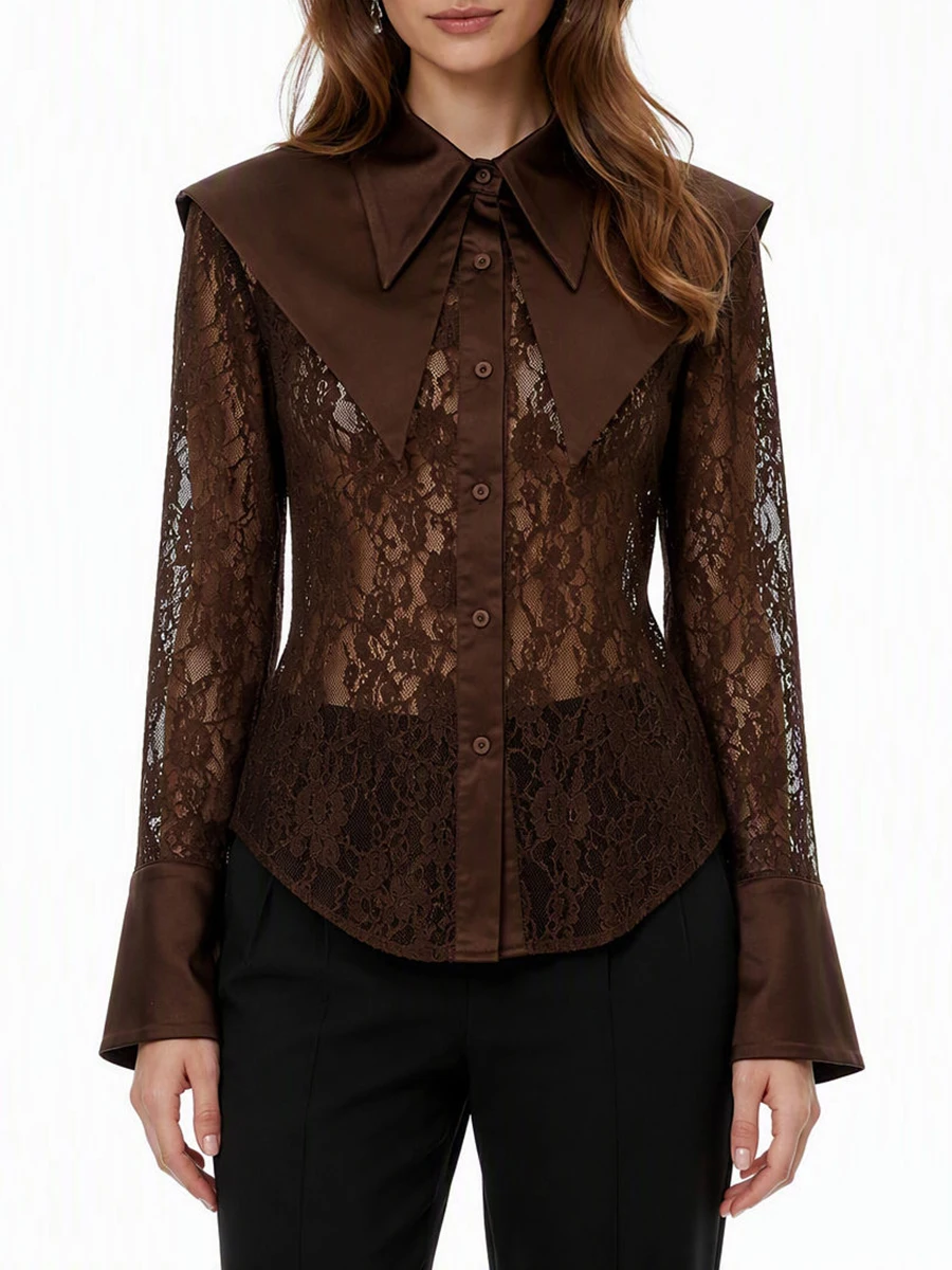 TWOTWINSTYLE Blusa Sexy Ajustada de Encaje con Malla para Mujer, Cuello Solapa, Manga Larga, Blusa Casual Transparente con Parches, Nueva
