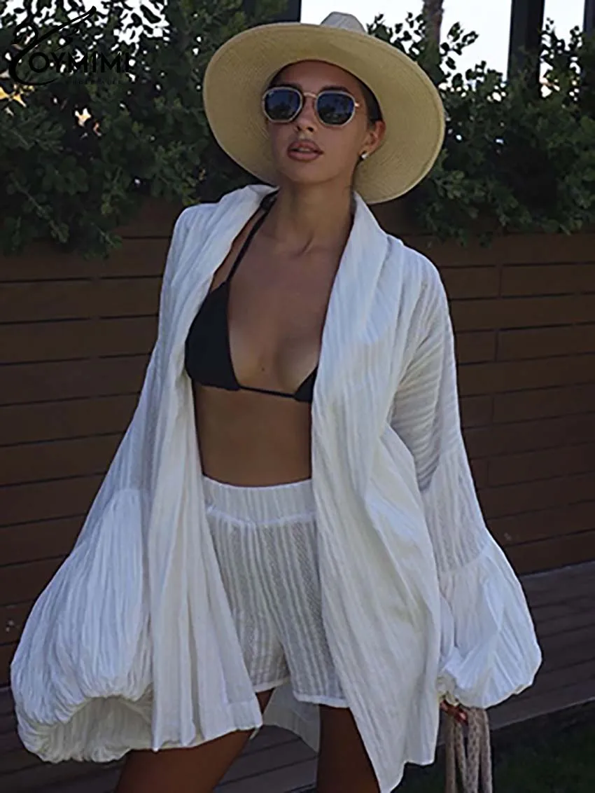 Oymimi-Conjunto de dos piezas de algodón blanco para mujer, camisas holgadas con cordones y mangas abullonadas elegantes y pantalones cortos de cintura alta, conjuntos femeninos