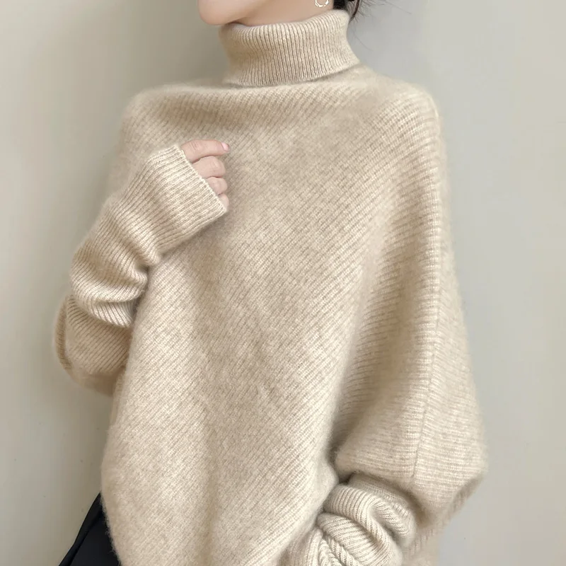 100% de lana merina para otoño e invierno, jersey con mangas de murciélago y cuello alto, prendas de punto de manga larga, Top cálido y elegante de Cachemira para mujer