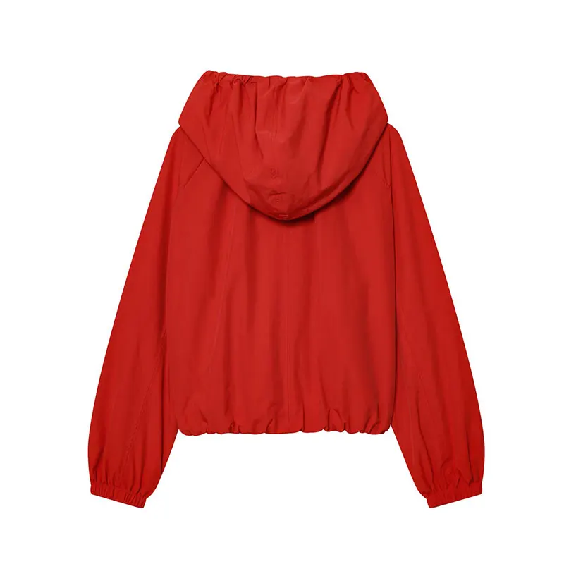 Nlzgmsj Chaqueta Casual con Capucha Roja para Mujer, Primavera 2026, Manga Larga, Cierre de Cremallera, Chaqueta Corta, Moda Y2K