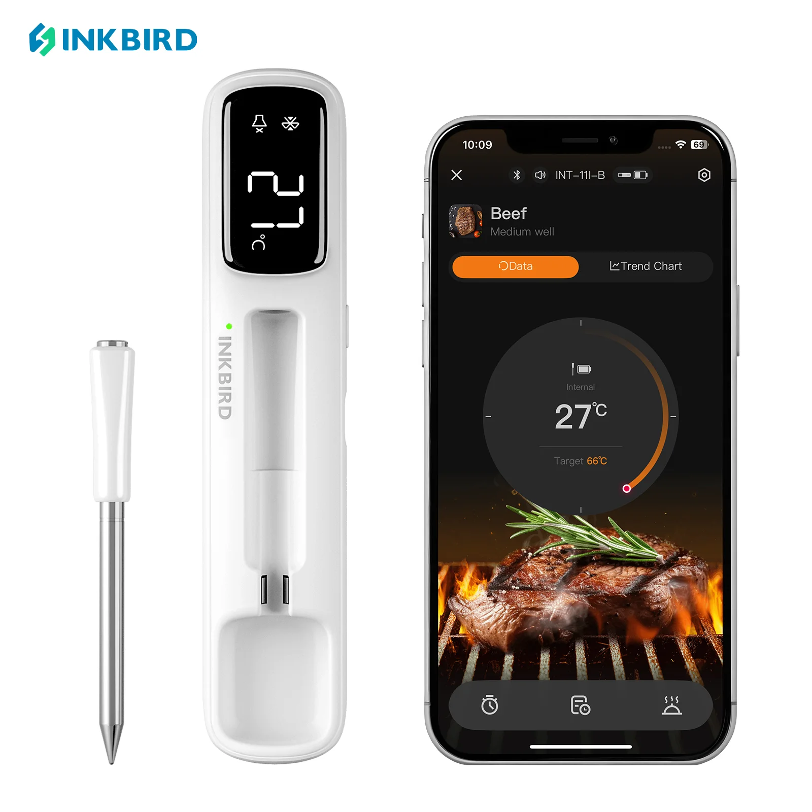 INKBIRD INT-11I-B Mini termómetro inalámbrico para carne, Bluetooth 5,4 1000 pies, respuesta de 1s, IP67, 26 preestablecimientos, pantalla LED, para barbacoa/porrilla