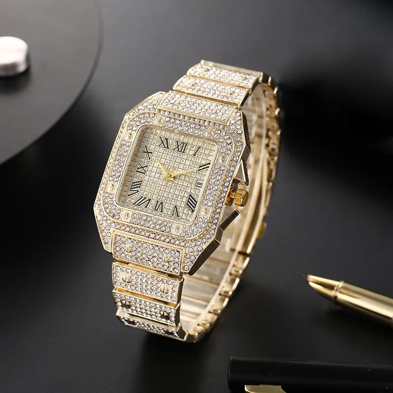 Relojes de negocios cuadrados de lujo para hombre, correa de acero, esfera romana, reloj de cuarzo con diamantes de imitación, reloj de pulsera masculino, reloj Masculino