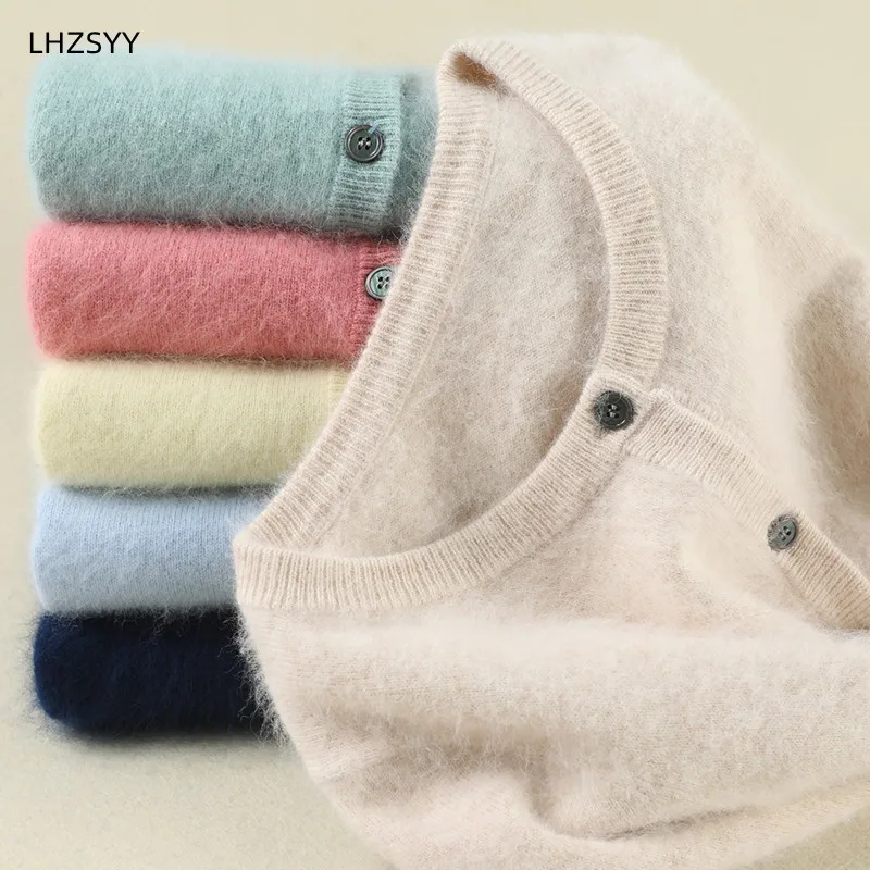 Cárdigan de talla grande para mujer, suéteres cálidos de Cachemira de visón puro, abrigo holgado con cuello redondo, suéter para mujer, chaqueta para mujer, cárdigans de punto sólidos