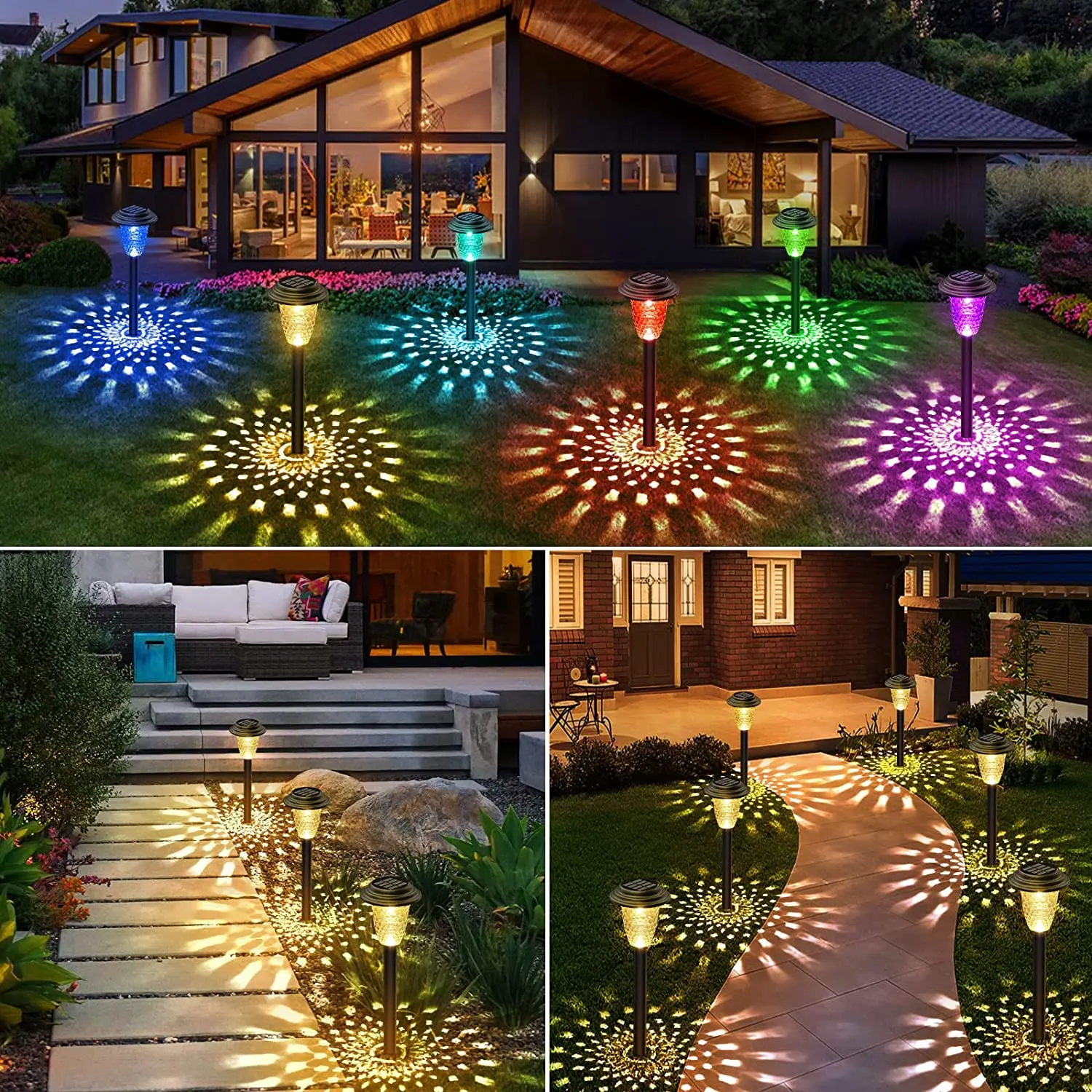 Luces solares para caminos, lámpara Solar para exteriores, cambio de Color RGB/blanco cálido IP67, luces solares LED impermeables para camino de jardín