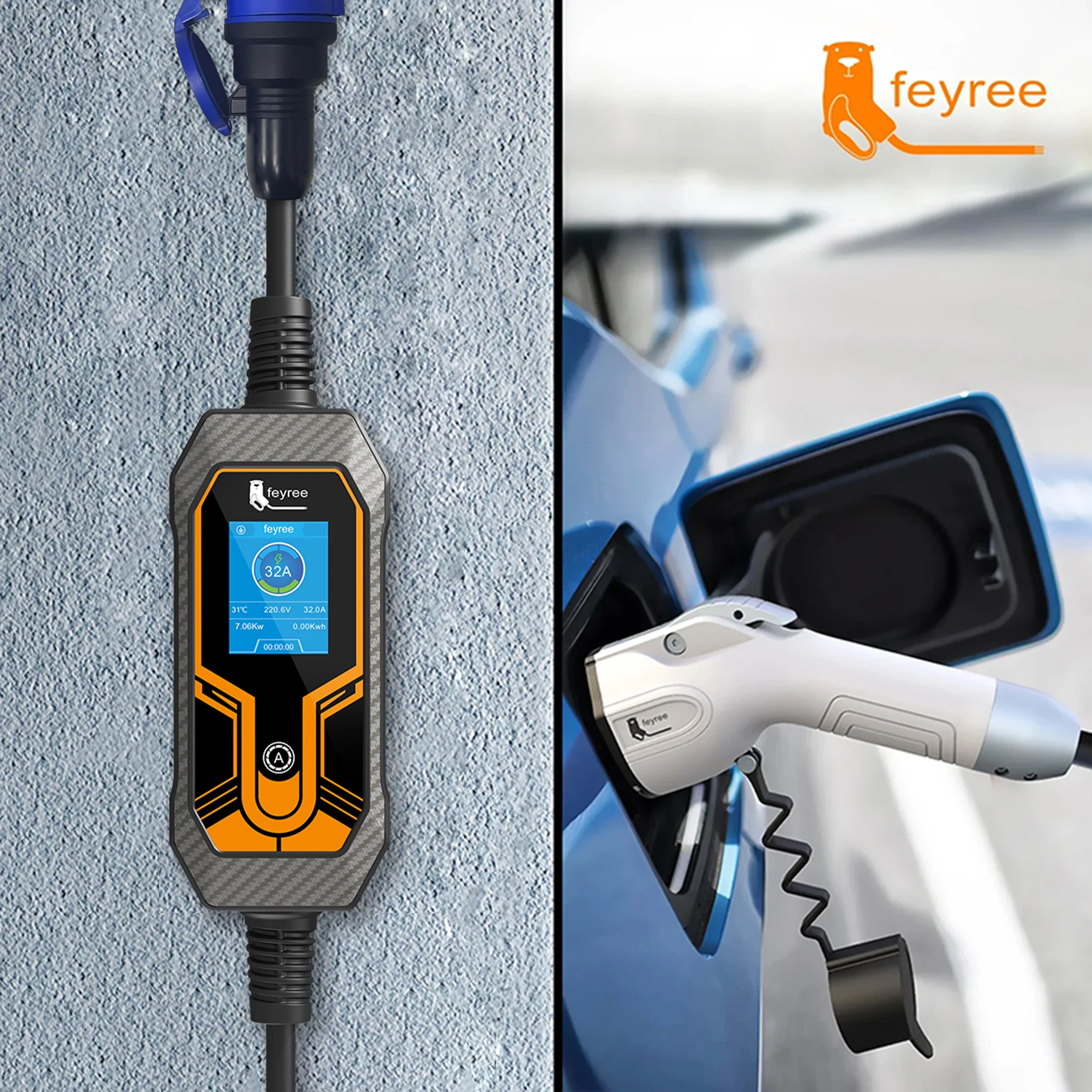 Cargador Portátil para Vehículos Eléctricos Feyree, Tipo 1 J1772, 7KW, 32A, Monofásico, con Enchufe CEE, Caja de Carga EVSE para Coche Eléctrico, Cable de 5m