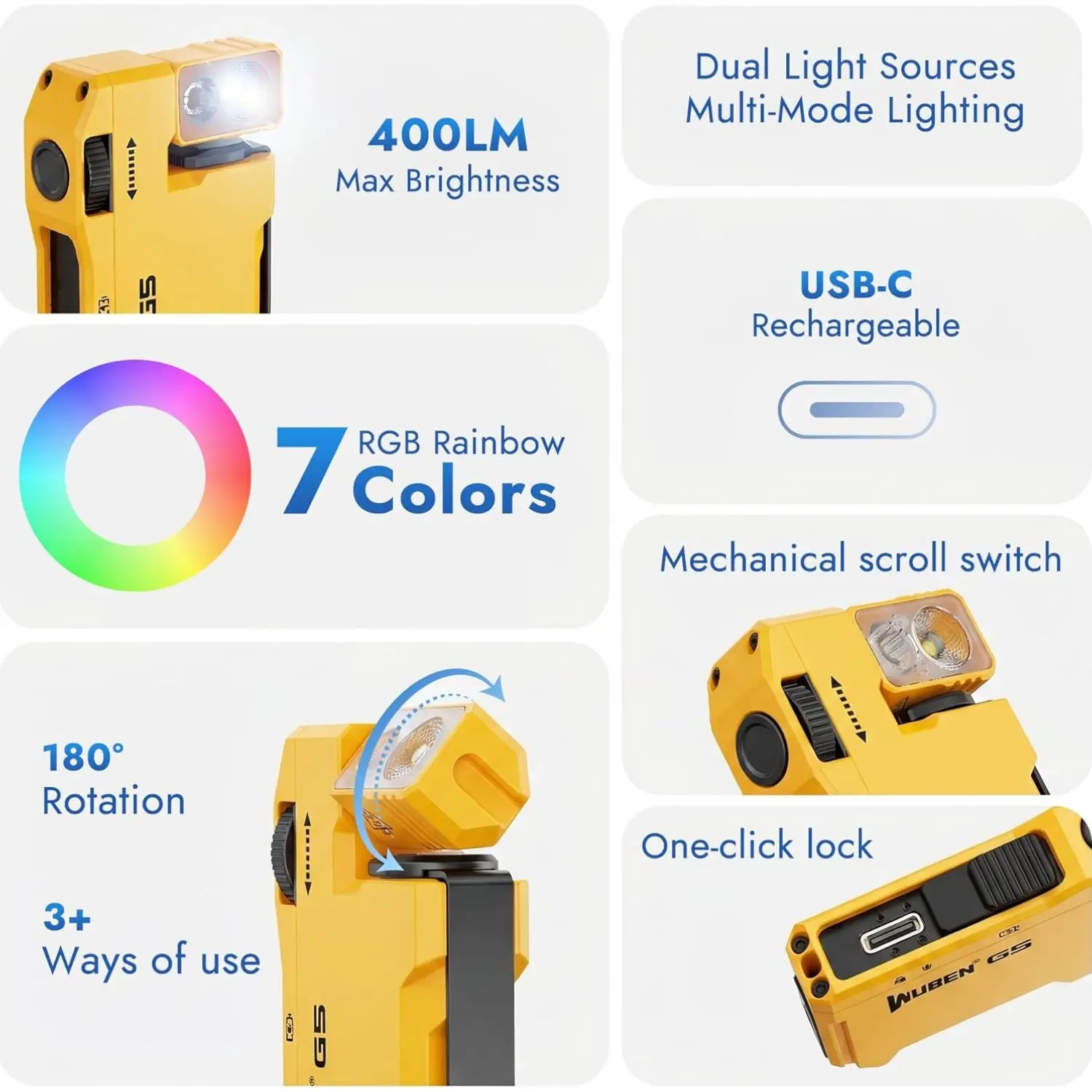 Linterna Amarilla WUBEN G5 400Lm RGB 180 °   Llavero Magnético con Cabezal Giratorio, Carga Rápida Tipo-C 65H, IP65, Compacto y Resistente