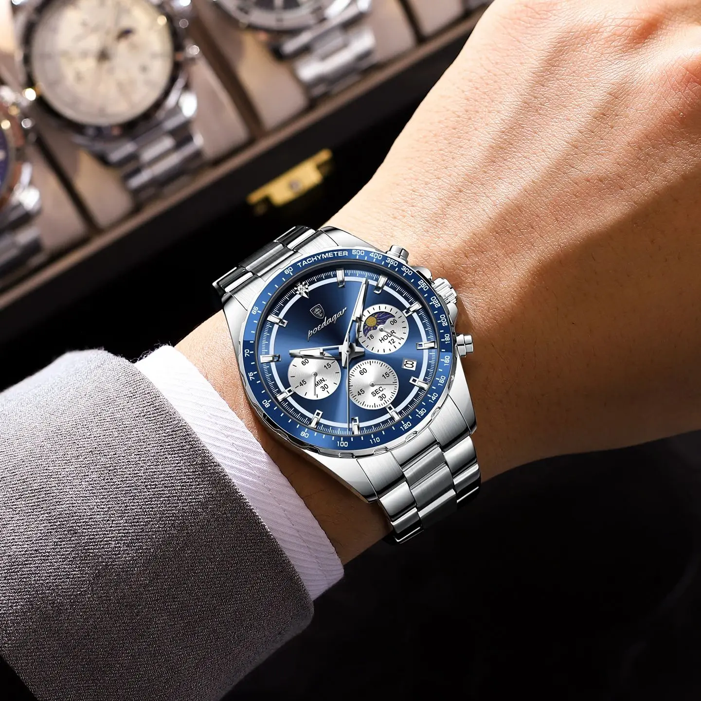 Reloj de Pulsera Deportivo de Moda POEDAGAR para Hombre, Reloj de Cuarzo Luminoso de Acero Inoxidable a Prueba de Agua con Cronógrafo y Fecha para Hombre