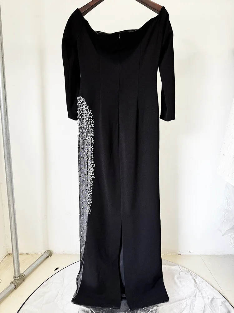 Vestido Largo Maxi de Gasa con Cuentas de Diamantes y Hombros Descubiertos, Diseño de Alta Costura 2026, Nuevo de HIGH STREET
