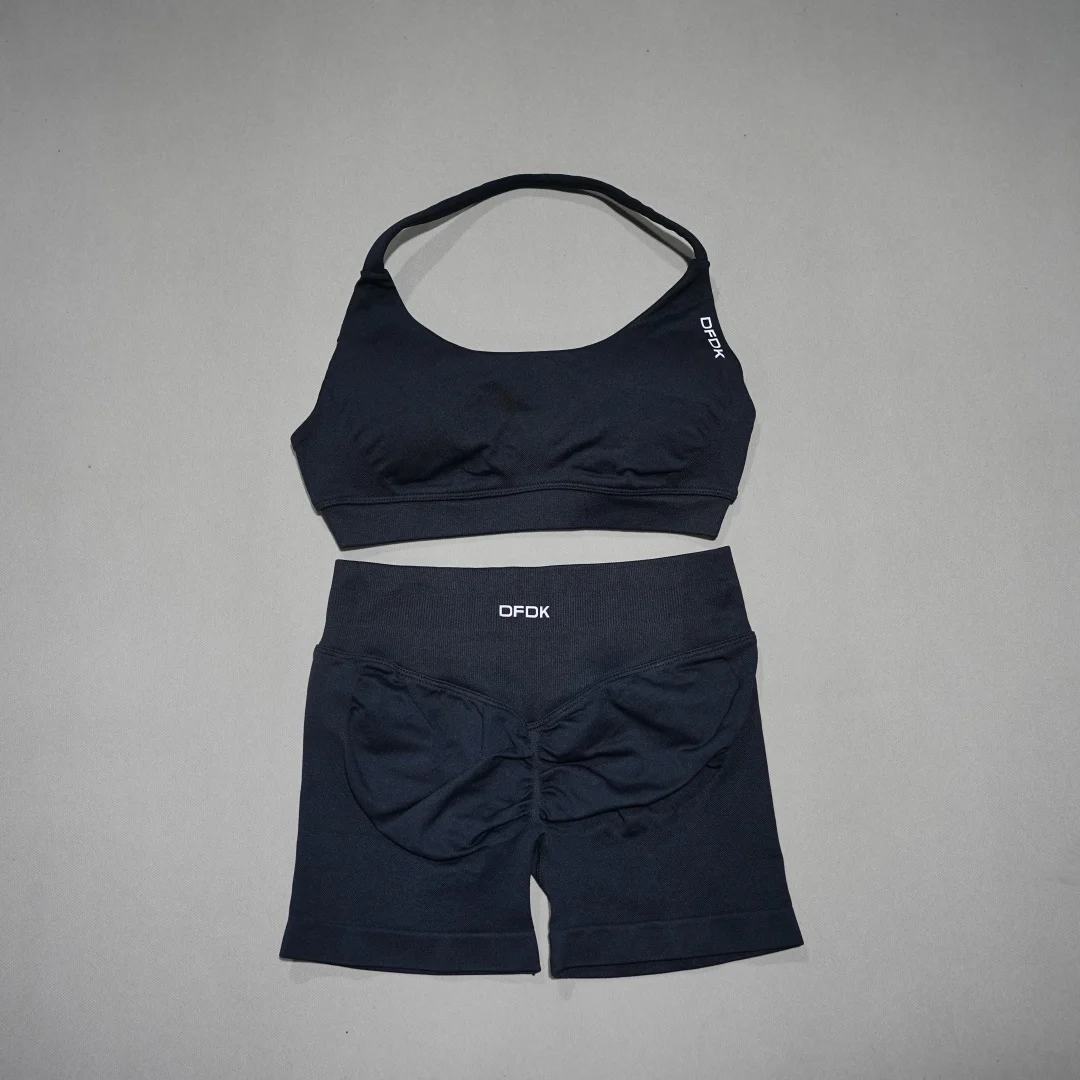 DFDK Conjunto deportivo de 2 piezas para mujer, sujetador deportivo con cordones, pantalones cortos sin costuras, leggings, yoga, gimnasio, fitness, correr, chándal