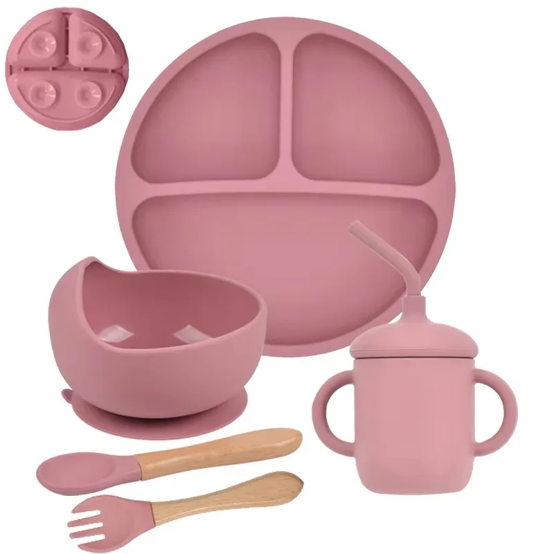 Juego de 5 unidades de vajilla de silicona suave para bebé, plato de alimentación para chico, plato con ventosa, cuenco, cuchara, tenedor, platos para niños, juego de vajilla antideslizante