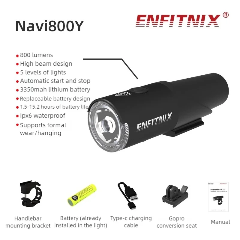 Enfitnix Navi800Y - Faros Delanteros Inteligentes para Bicicleta de Carretera y Montaña, Carga USB, Resistentes al Agua, Encendido y Apagado Automático