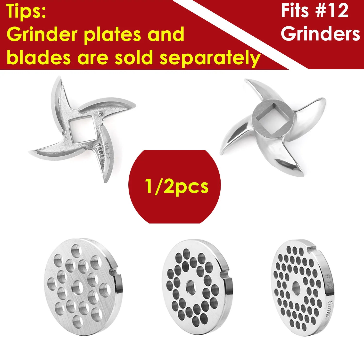 1/2 piezas # 12 accesorios para picadoras de carne, cuchillas de acero inoxidable, discos para picadoras, repuesto para # 12 Molinillos