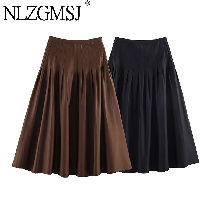 Nlzgmsj 2026 Nueva Falda Midi Vintage de Color Sólido con Pliegues en la Cintura, Faldas Largas para Mujer, Moda Urbana, Casual, para Vacaciones