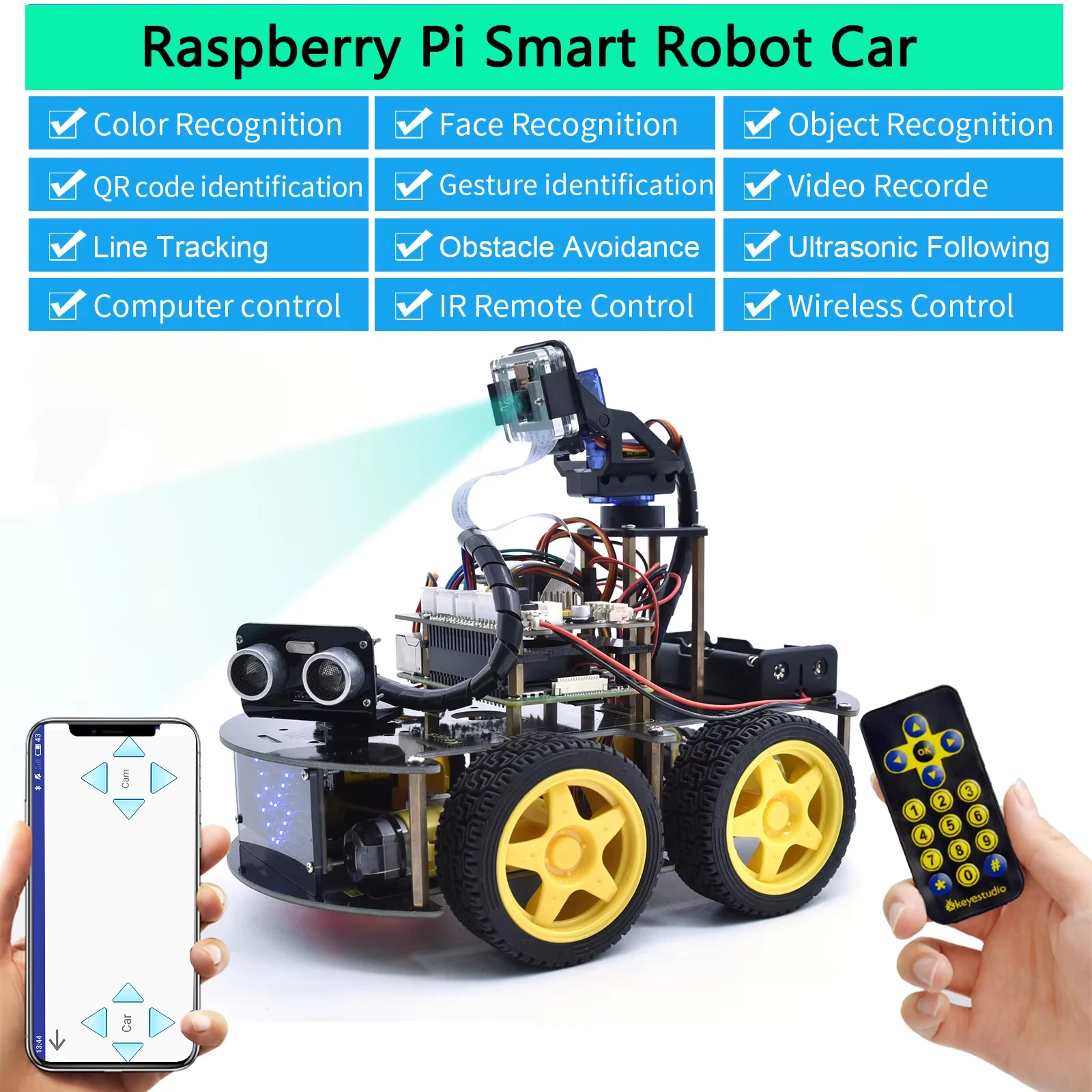 Kit de coche Robot inteligente Keyestudio 4WD para Raspberry Pi con módulo de cámara megapíxeles y tutoriales de programación (sin placa RPI 4B)
