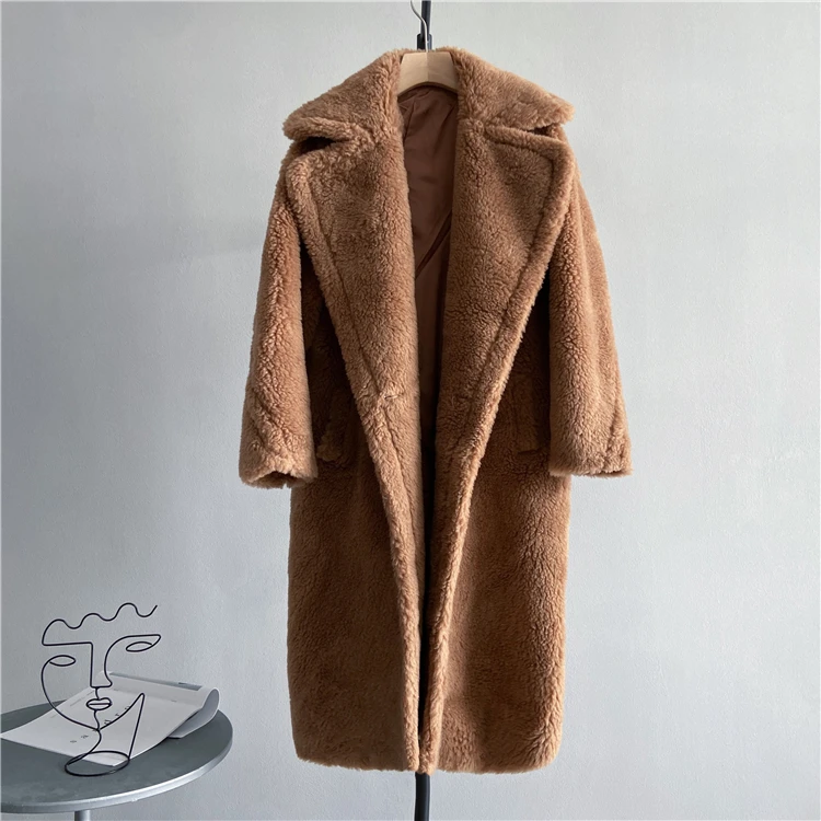 Chaqueta de invierno para mujer, abrigo largo, tela tejida de lana, ropa de abrigo gruesa y cálida, ropa de calle de moda de gran tamaño, abrigos de oso de peluche