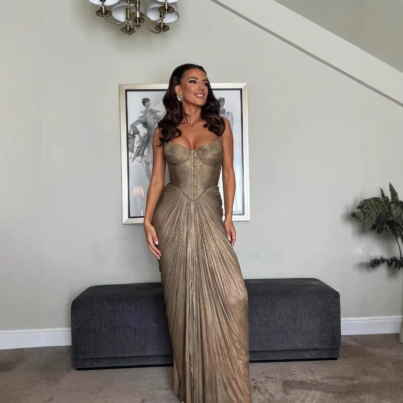 Nuevo Vestido Largo Dorado Sexy con Cuello en V para Mujer, Elegante Vestido de Cintura Alta con Cordones, Drapeado, Delgado, con Tirantes, Sin Mangas, Espalda Descubierta, para Fiesta