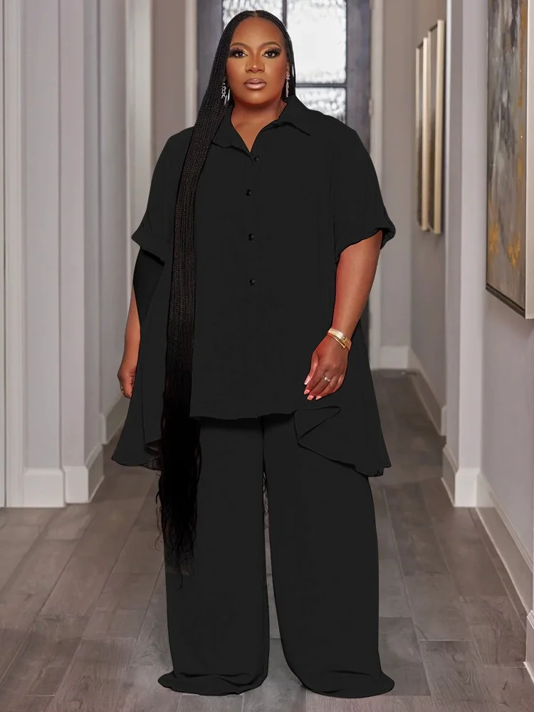 Wmstar-Conjunto de dos piezas de talla grande para mujer, camiseta informal con botones sólidos, pantalones de pierna ancha, trajes femeninos, venta al por mayor, envío directo, 5XL, Verano