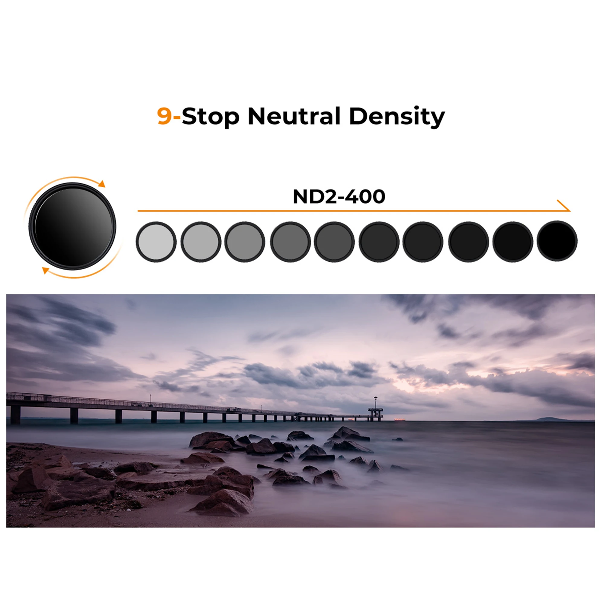 Filtro de densidad neutra variable ND2-400 de K&F CONCEPT, de 37 mm a 82 mm, filtro ND variable ultrafino para lentes de cámara y lentes de teléfono con sistema de sujeción.