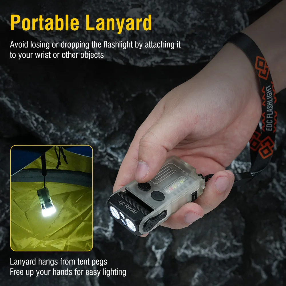 Llavero con linterna LED BORUiT V20 180 ° Clip de pitido magnético UV de rotación USB-C recargable Camping pesca antorcha alarma emergencia