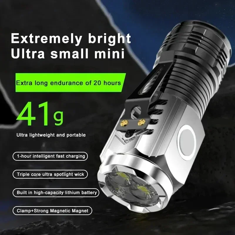 Linterna superbrillante de 3LED, Mini linterna portátil de ráfaga, foco de emergencia recargable para exteriores con imán trasero con Clip para bolígrafo