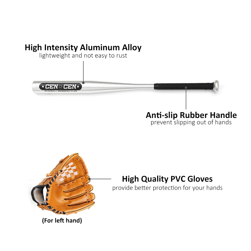 Juego de pelotas de béisbol, bate de béisbol, guantes de béisbol, bate de béisbol de aleación de aluminio de 25 pulgadas, 10,5 pulgadas, Kit de guantes de béisbol de PVC para niños