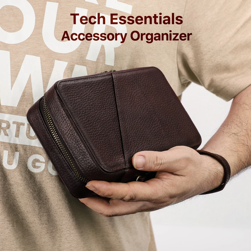 Bolsa de almacenamiento de Cable de datos USB portátil de cuero genuino, estuche para auriculares, accesorios electrónicos, Gadgets, caja organizadora Digital