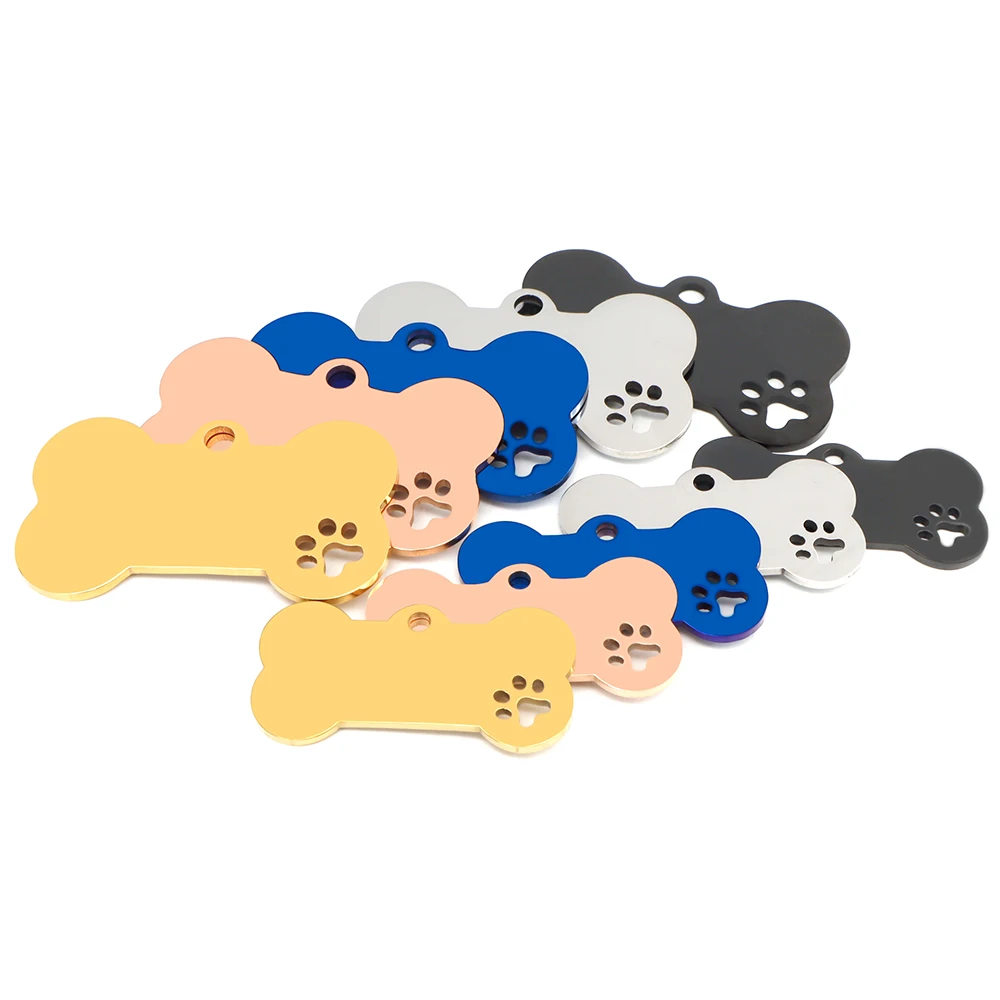 Venta al por mayor de 20 unidades de etiquetas de identificación personalizadas para mascotas, de acero inoxidable, con forma de hueso, grabadas con nombre, colgante para cachorros y perros, accesorios para mascotas.