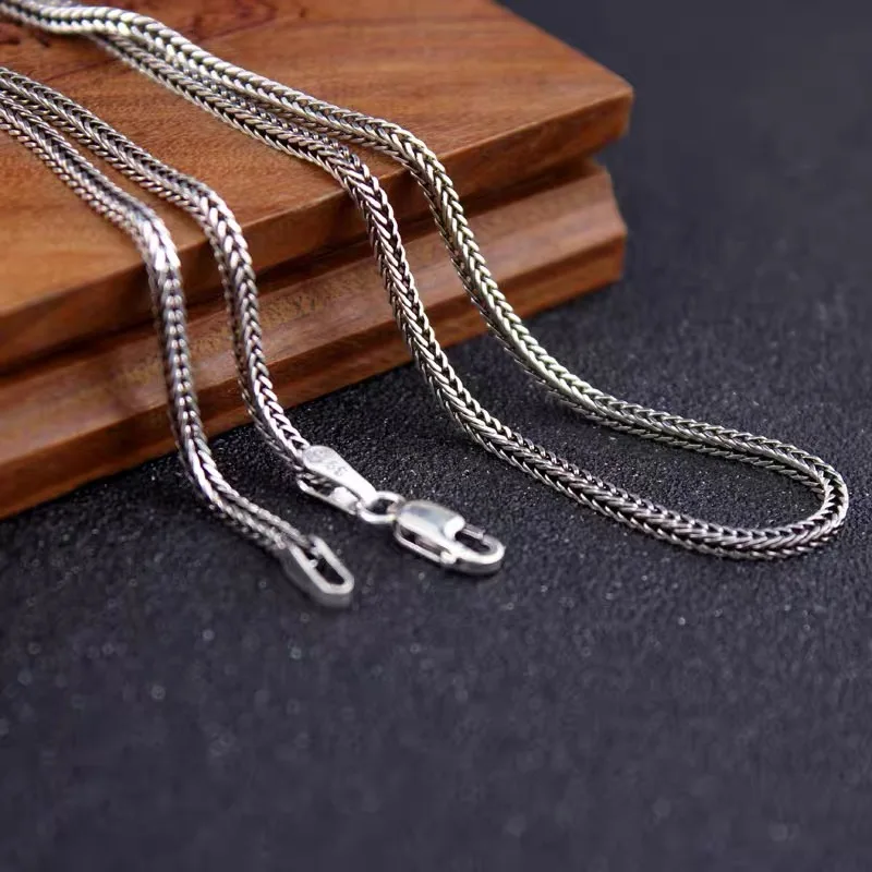 Cadena de suéter de cola de zorro de plata pura S925 para hombres y mujeres, pulsera de estilo Retro con Vhain tejido grueso de 3mm