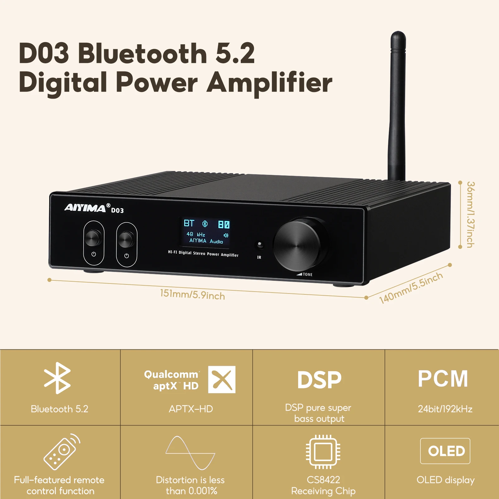 Amplificador Bluetooth AIYIMA D03 150Wx2, Amplificador de Sonido Estéreo HiFi, Amplificador de Subwoofer, DAC USB, OLED, APTX, DIY 2.1, Audio para el Hogar