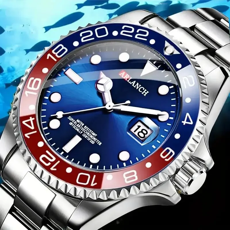 Reloj de acero inoxidable de 40 mm, estilo empresarial, serie de buceo con círculo rojo y azul, lupa, calendario, reloj de cuarzo, montre homme