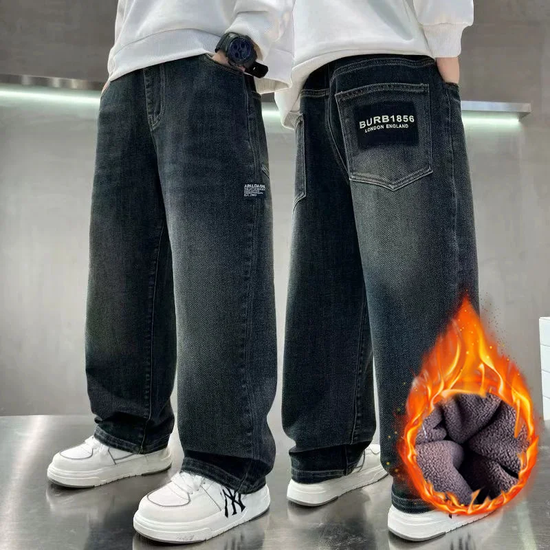 Pantalones Vaqueros de Felpa para Niños de 4 a 14 Años, Cálidos, a la Moda, con Letras, Holgados, Rectos, Informales, para Primavera, Otoño e Invierno