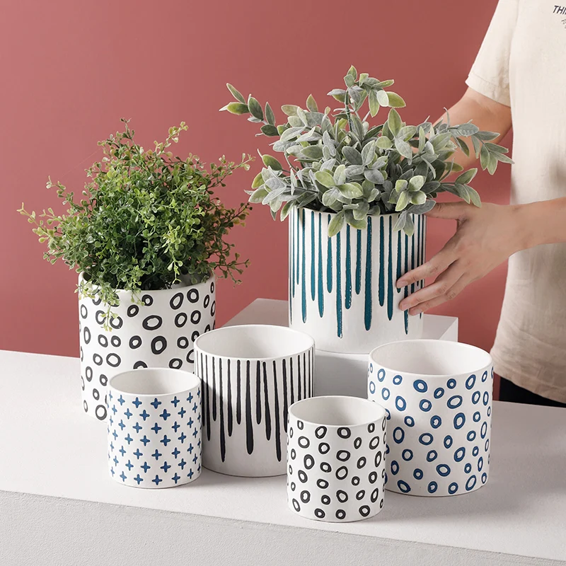 Maceta de cerámica nórdica moderna para sala de estar, florero para encimera Interior, patrón geométrico Simple, maceta para plantas y jardinería