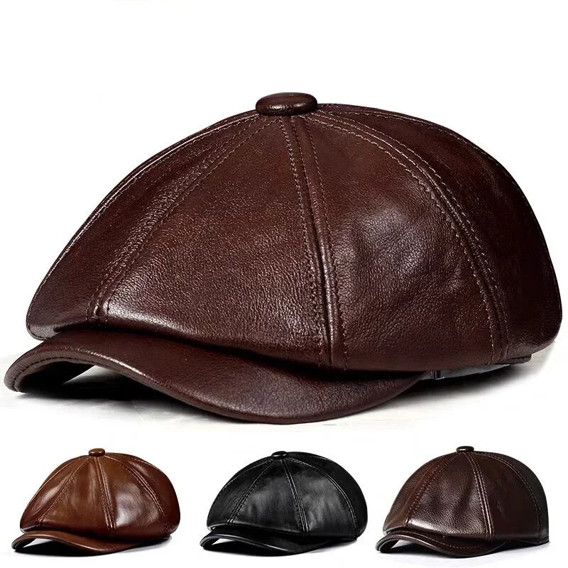 Gorro de cuero 2024 genuino para hombre, boina de cuero de vaca, algodón cálido, acolchado de marca, marrón/negro, pato, nuevo