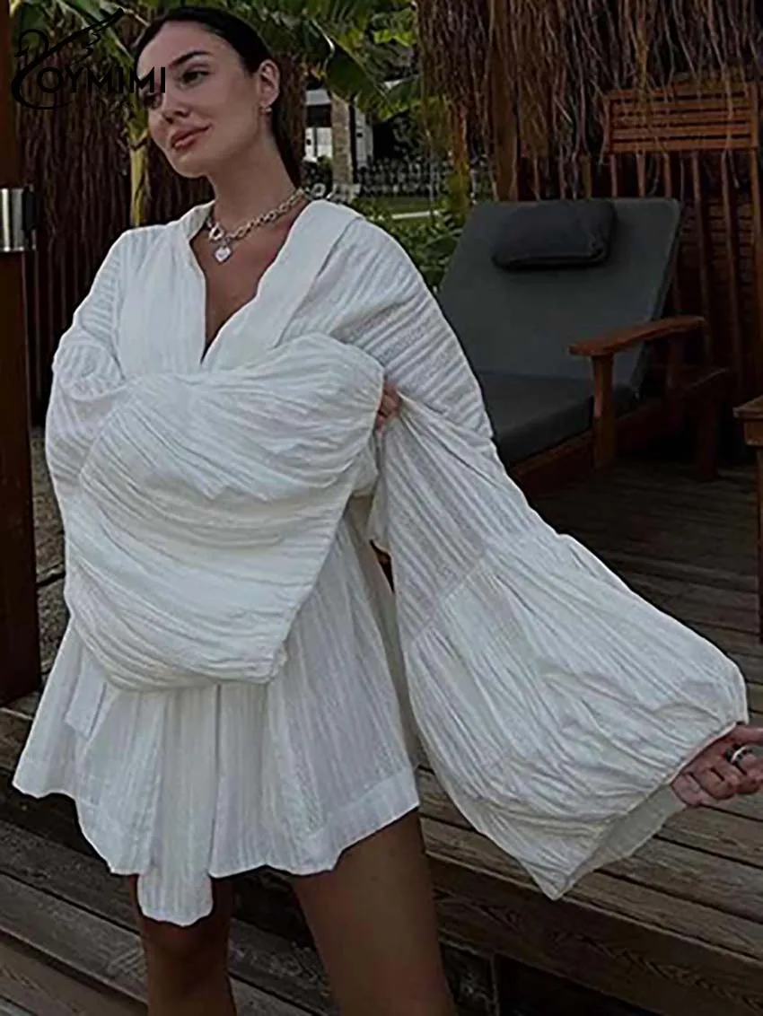 Oymimi-Conjunto de dos piezas de algodón blanco para mujer, camisas holgadas con cordones y mangas abullonadas elegantes y pantalones cortos de cintura alta, conjuntos femeninos