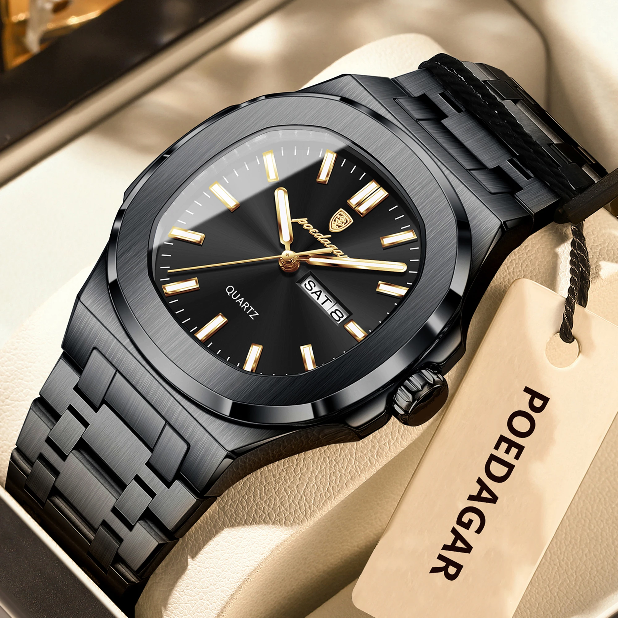 POEDAGAR, relojes cuadrados de lujo para hombre, Reloj luminoso resistente al agua con fecha y semana para hombre, Reloj de pulsera de cuarzo a la moda de acero inoxidable para hombre