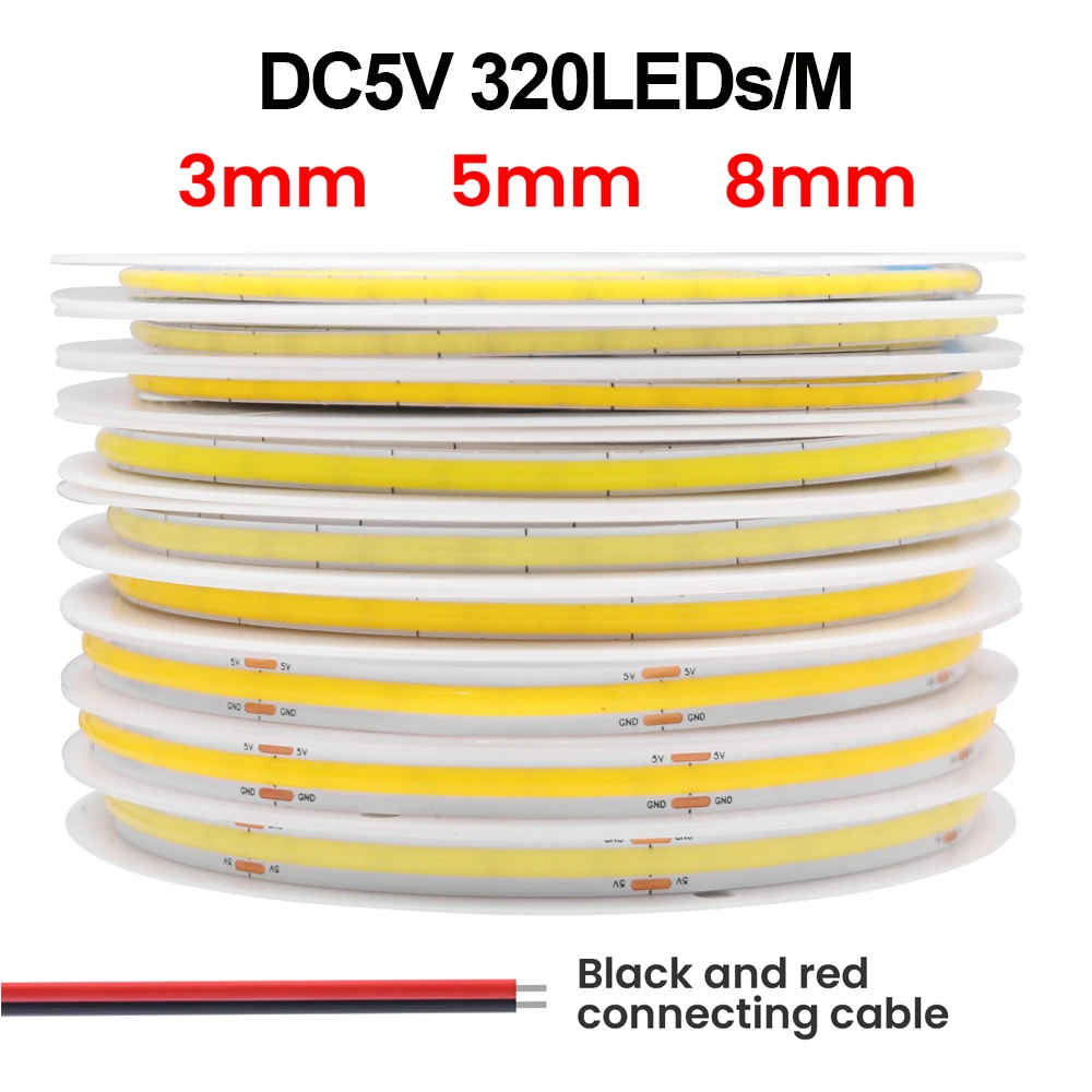 Tira COB de 5V, 12V, 3MM, 5MM, 8MM, barra de luz LED FOB, 320Leds/M, cinta Flexible de alta densidad, cinta de cuerda, luz de gabinete 3000K 4000K 6000K