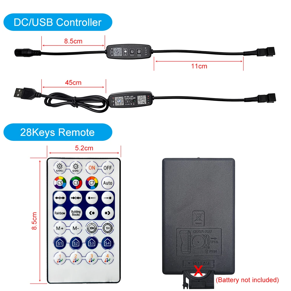 Controlador LED WS2811 WS2812B, música Bluetooth, micrófono incorporado, 28 teclas, Control remoto, direccionable individualmente, tira de luces LED de píxeles
