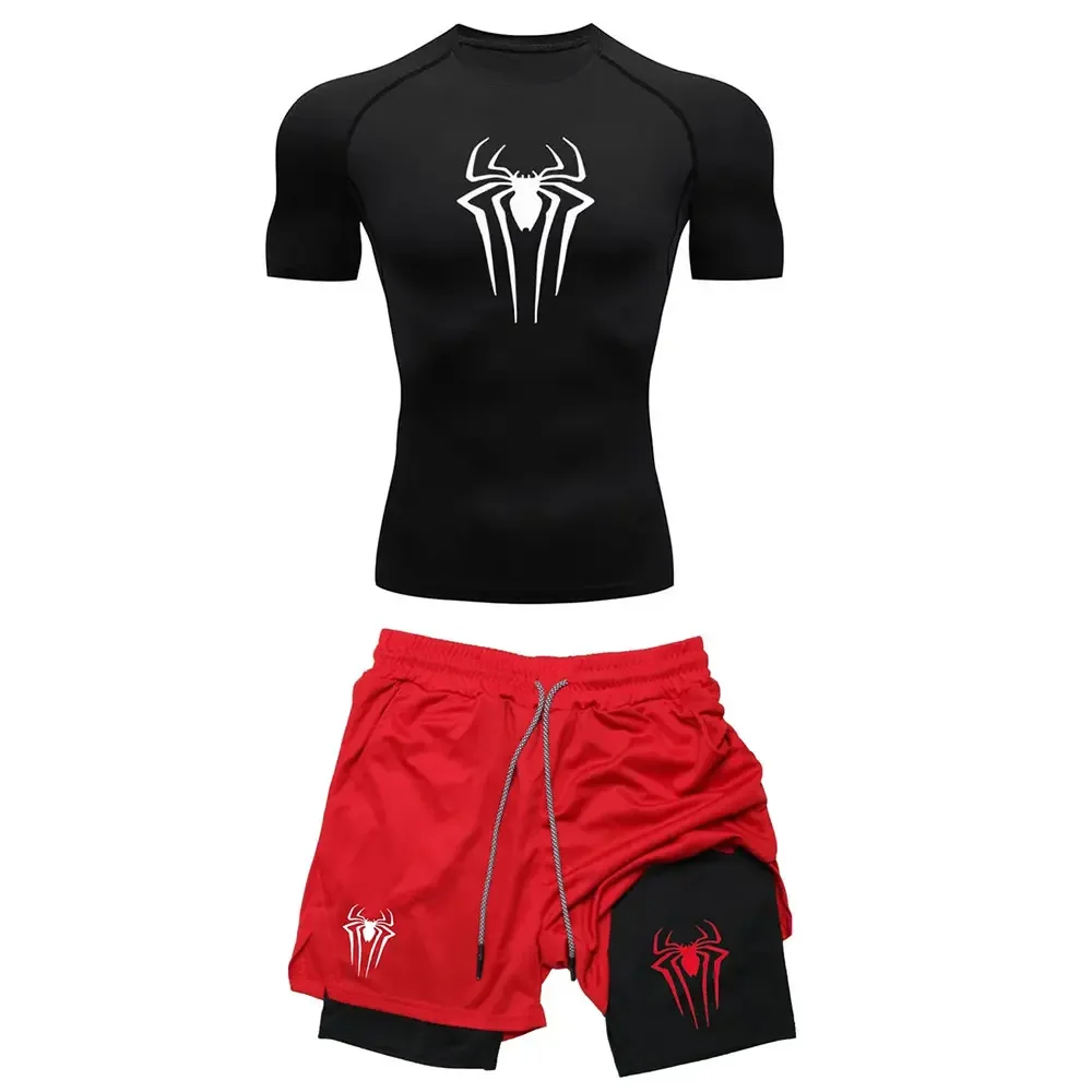 Conjunto de compresión de entrenamiento para hombre, camisetas con estampado de araña Y2K, pantalones cortos transpirables para correr, secado rápido, ropa deportiva