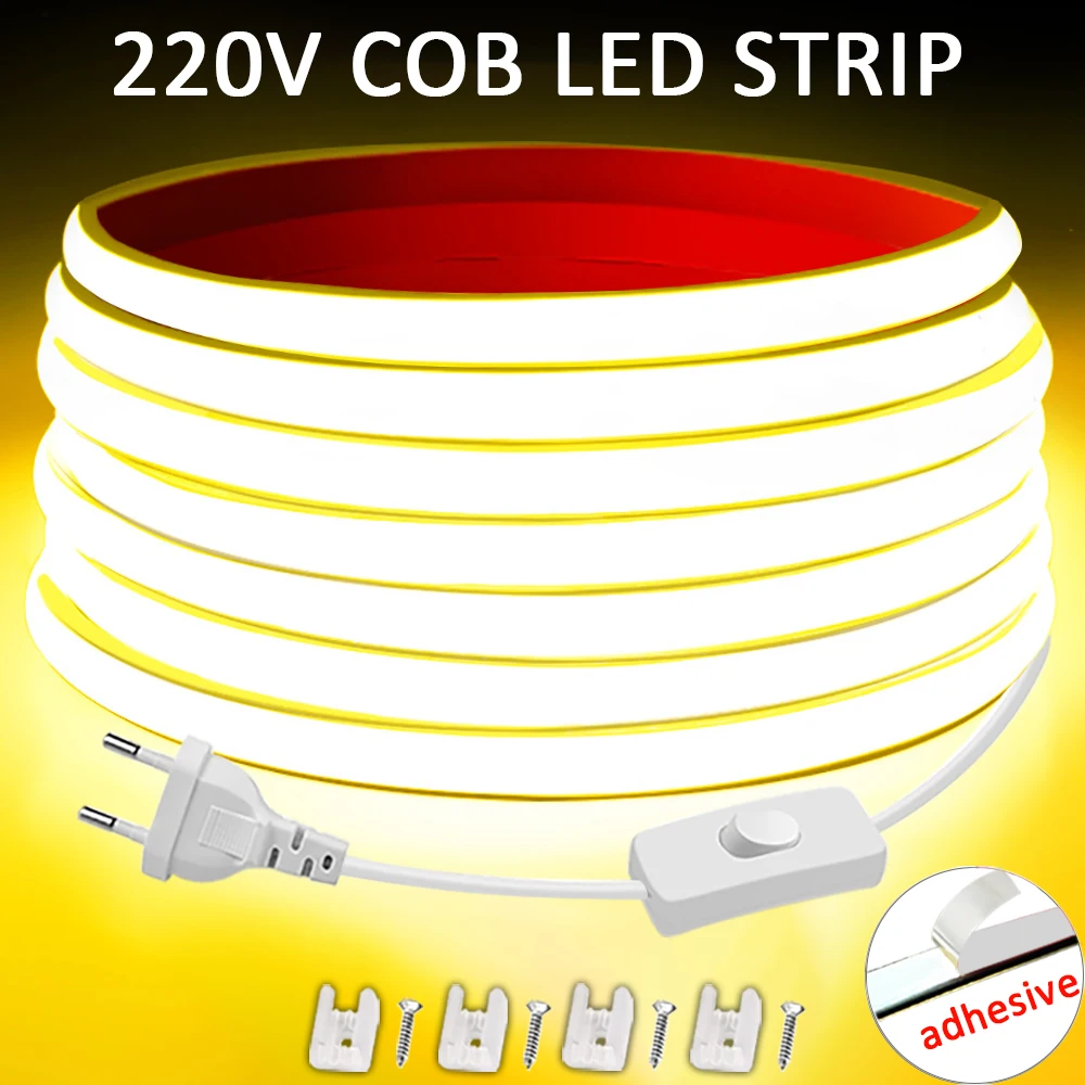 Tira de LED COB de 220V de Alta Luminosidad, Cinta Flexible para Iluminación de Habitaciones, Dormitorios y Cocinas