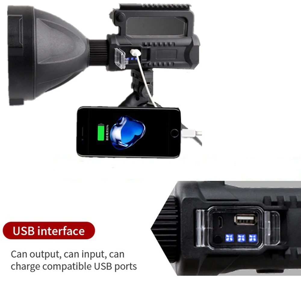 Potente linterna LED portátil, soporte montable, reflector de mano, foco recargable por USB, luz de antorcha impermeable