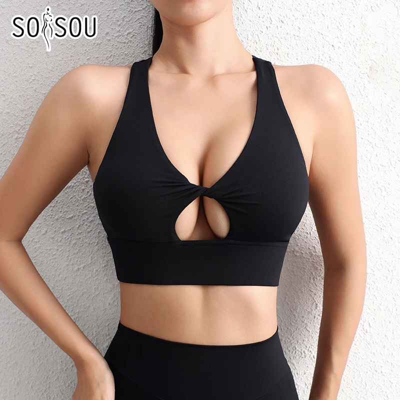 SOISOU-Top corto de nailon para Yoga para mujer, sujetador deportivo para gimnasio, almohadilla para el pecho, Top transpirable ajustado elástico extraíble, 6 colores