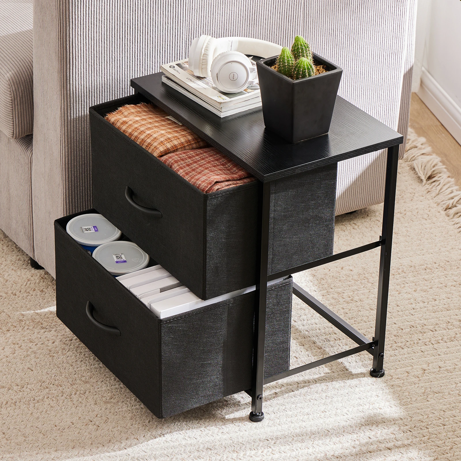 JHK mesita de noche, sofá de café, mesa de té, armario de almacenamiento, pecho, exhibición de ropa para dormitorio, 2 cajones de tela, mueble