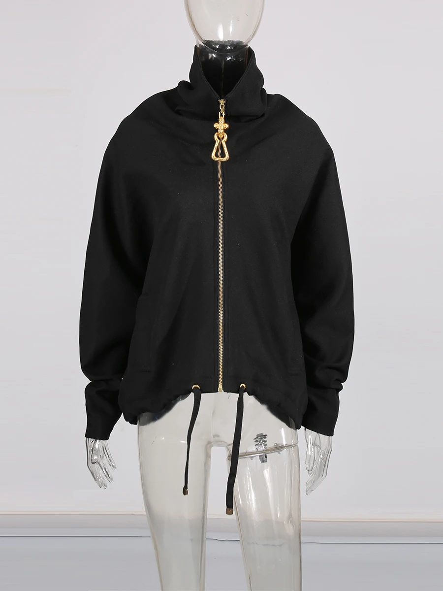 TWOTWINSTYLE, chaquetas de moda holgadas con cremallera empalmada para mujer, solapa de manga larga, chaqueta informal con cordones de retazos para mujer, nueva