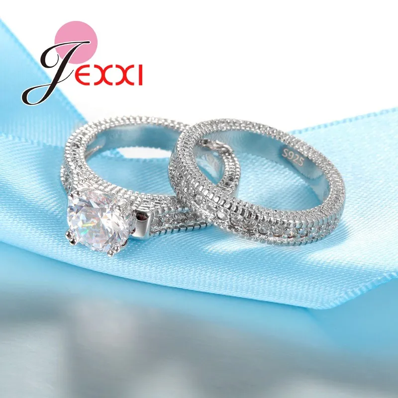 Conjunto de anillos elegantes de Plata de Ley 925 para mujer, 2 uds., pavimentado, cristales brillantes de alta calidad, joyería de boda para novia